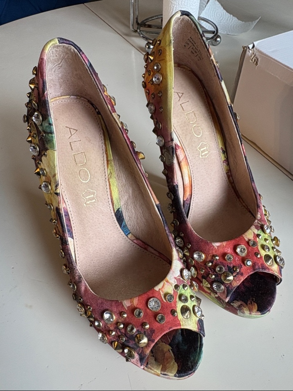 ALDO Multicolor Floral Studded Peep-Toe Heels